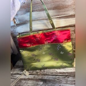 Olive Green and Ruby Red Floral Satin Tote Bag